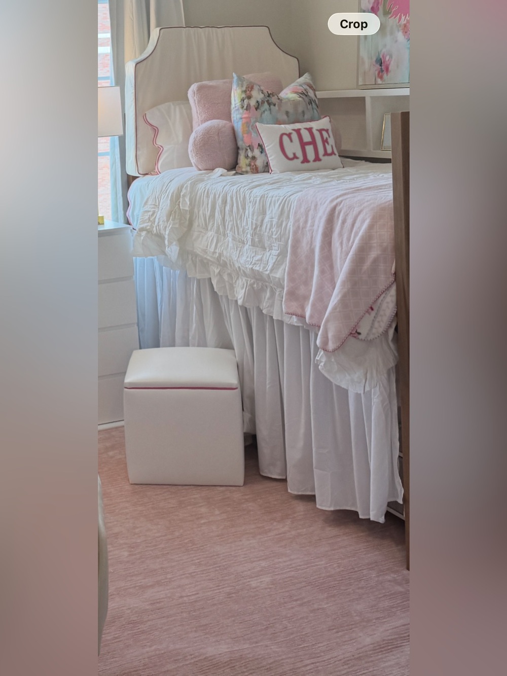 White one piece dorm bed skirt with 34" drop